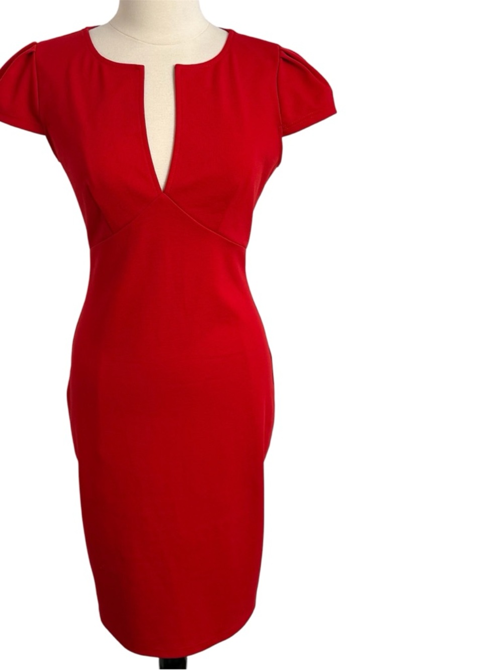 Women's Cap Sleeve Distinctive Split V-Neckline Midi Sheath Dress, Red, Size L